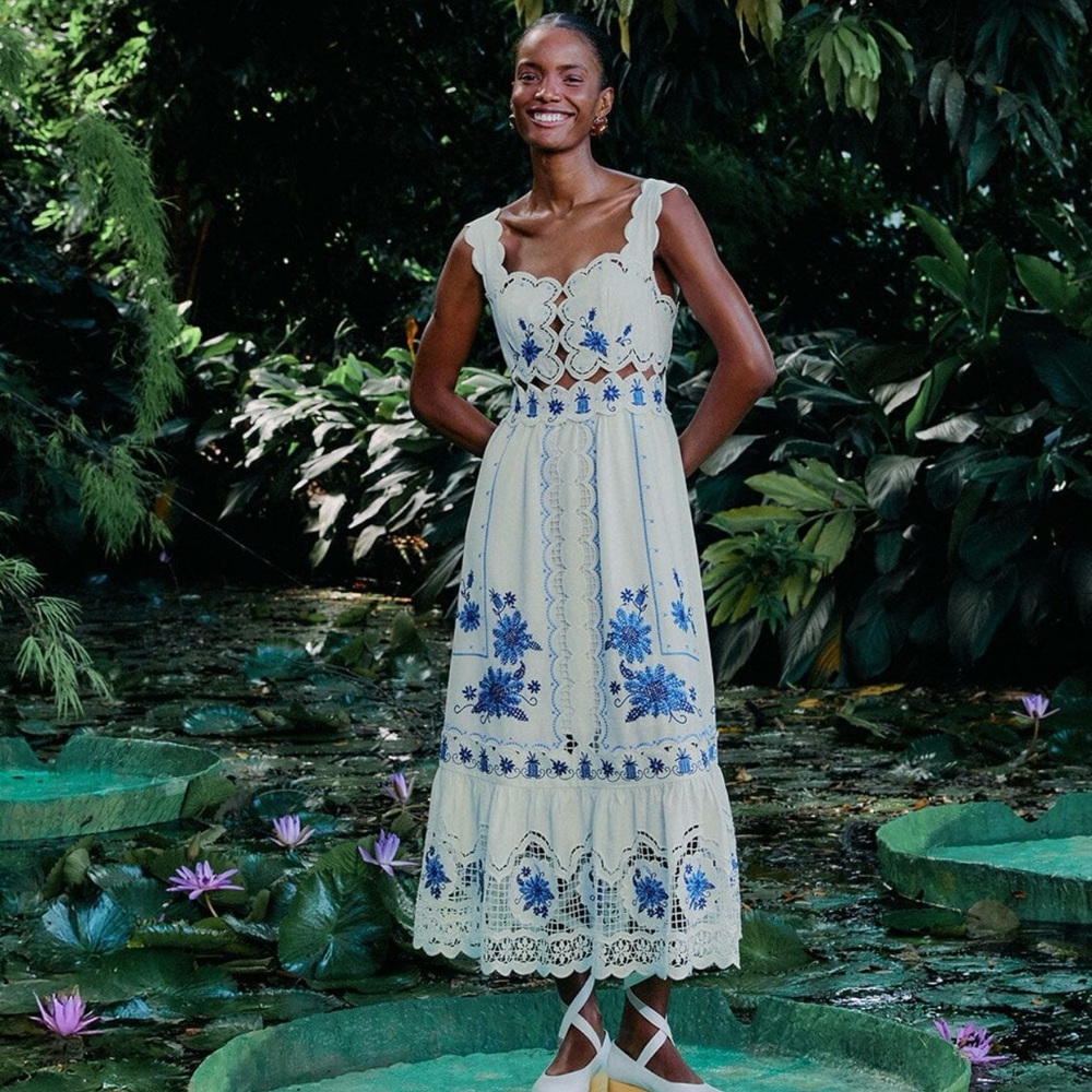 FARM Rio Cream and Blue Floral Midi Dress